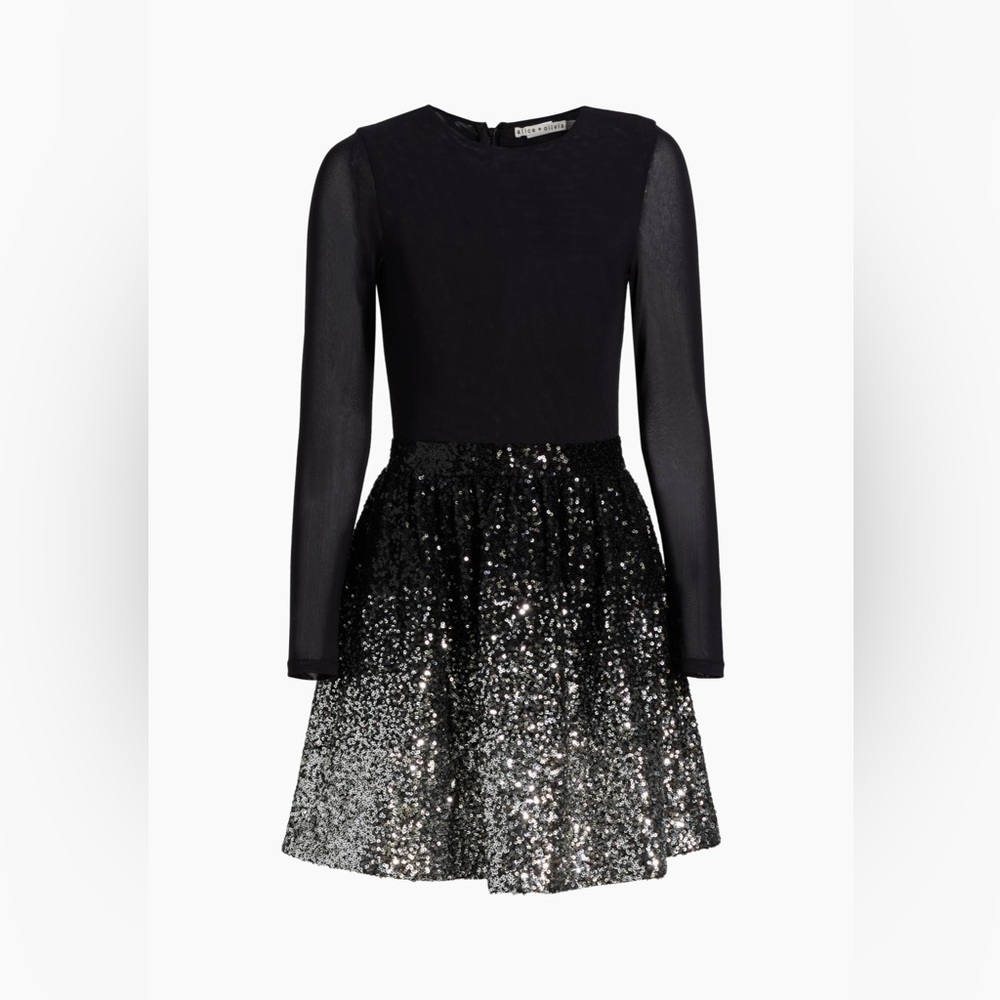 Alice + Olivia Linen-Blend Sequinned-Skirt Minidress size 0 black/silver EUC